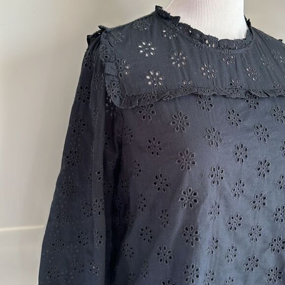 J. Crew High Neck Eyelet Cotton Blouse Lined Ruffled Neckline Elastic Sleeves M - Picture 5 of 12